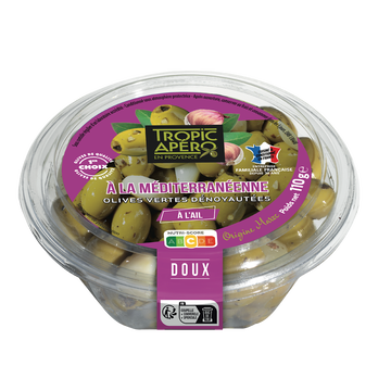 Tropic Apéro Olive Verte Dénoyautée À La Méditerranéenne À L'ail, Barquette 110g