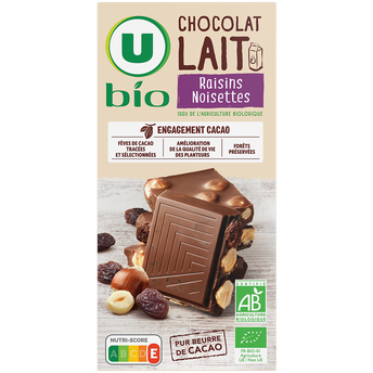 Image de U BIO
Chocolat au lait raisins secs noisettes entières, tablette