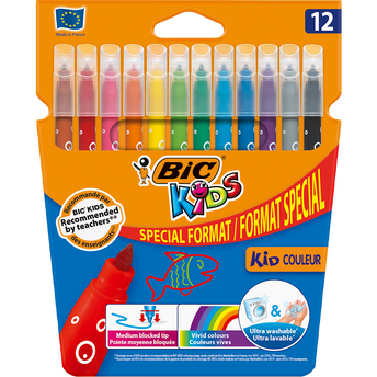 Image de Feutre de coloriage BIC KIDS x12-corps coloré motif bulles-capuchontransparent ventilé-encre ultralavable sur la peau et tissus-pointemoyenne bloquée-coloris