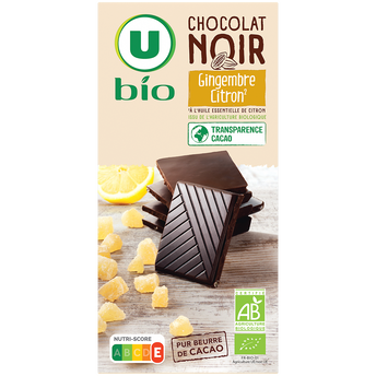 Image de U BIO
Chocolat noir au citron et gingembre - Tablette