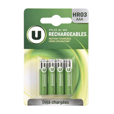 Piles rechargeables, hr03 800 mah, 4 unités - Super U, Hyper U, U Express 