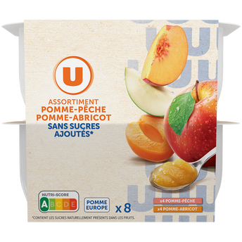 Image de U
Dessert fruitier Purée de pommes et pêches et de pommes et abricots sans sucres ajoutés8 pots de
