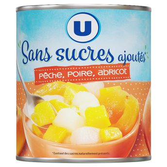 Image de U
Mélange fruits sans sucre ajoutés de pêches, poires, abricots au jus de raison à base de concentré