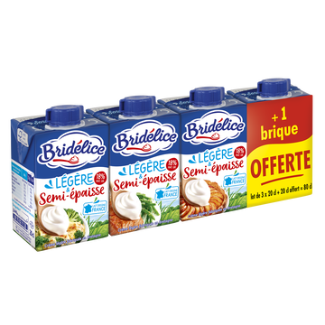 Bridelice Crème Uht Semi-épaisse Légère Bridelice, 18% De Mg, 3 Briques De 20cl+ 1 Offerte