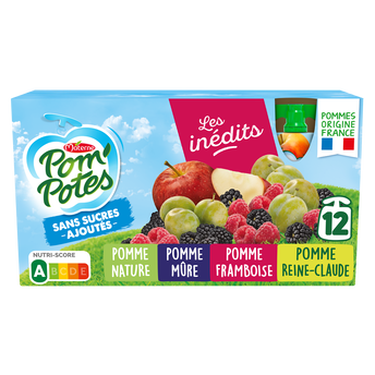 Image de Compotes Gourdes Sans Sucres Ajoutés Pomme, Pomme Mûre, Pomme Framboise, Pomme Reine Claude Les Inédits POM'POTES