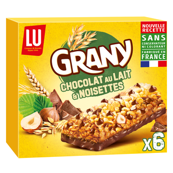 Image de Barres de céréales chocolat au lait et noisettes GRANY - Boite de 6