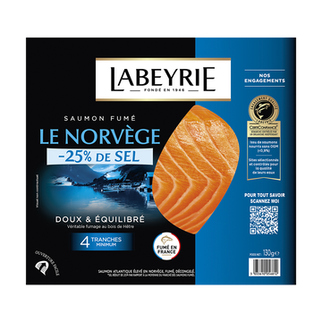 Vico Saumon Fumé Atlantique, Norvège, Au Bois De Hêtre De Norvège -25% Sel,labeyrie, 4 Tranches Soit 130g