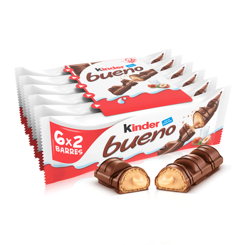Image de Fines gaufrettes chocolat fourrées lait noisettes KINDER Bueno, 6x2barres