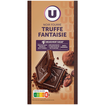 Image de U
Chocolat noir fourré à la truffe fantaisie, éclats de fèves de cacao caramélisés  Tablette de