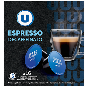 Image de U
Café capsules ESPRESSO DECAFFEINATO N°5 - compatible DOLCE GUSTO