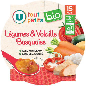 Image de U TOUT PETITS BIO
Plat bébé assiette de légumes et volaille basquaise dès 15 mois