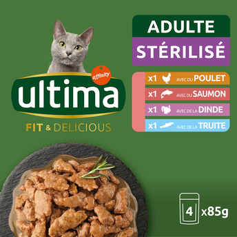Image de Sachets fraîcheur pour chats stérilisés Bouchées poulet/dinde/saumon&truite ULTIMA
