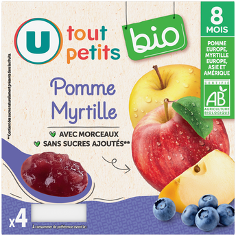 Image de U TOUT PETITS BIO
Petits pots bébé dessert pomme, myrtille avec morceaux dès 8 mois