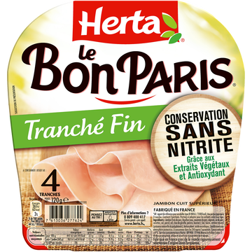 Herta Jambon Tranché Fin Sans Nitrites Herta, 4 Tranches, 120g