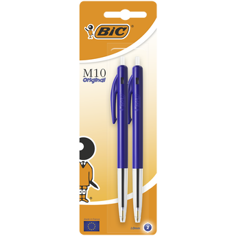 Image de Stylo bille mine rétractable BIC M10, niveau d'encre visible, pointe moyenne, bleu, 2 unités