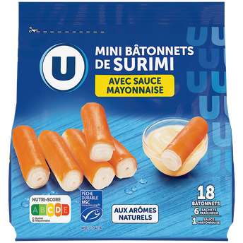 Image de U
Mini bâtonnets de surimi saveur crabe sauce mayonnaise