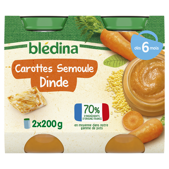 Image de Petits pots bébé carottes semoule dinde dès 6 mois BLEDINA