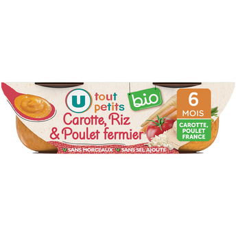 Image de U TOUT PETITS BIO
Plats bébé bols de carottes tomate riz et poulet sans morceaux , dès 6mois
