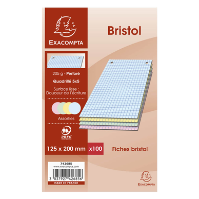 Fiches bristol perforées - 50 feuilles A6 14.8 x 10.5 cm - 205 g/m² -  Lignées - Flashcard - Exacompta - 4 couleurs - Fiche Bristol - Copies -  Feuilles
