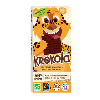Image de Chocolat noir bio doux 56% cacao & 3 céréales (riz, quinoa et avoine soufflés) KROKOLA, tablette