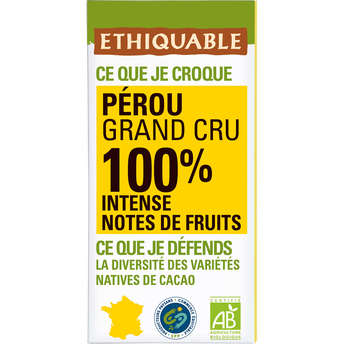 Image de ETHIQUABLE - Chocolat noir 100% Pérou BIO - la tablette de