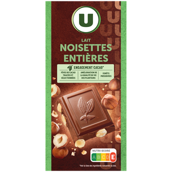 Image de U
Chocolat au lait et aux noisettes entières  Tablette de