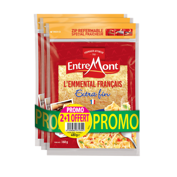 Entremont Emmental Français Râpé Au Lait Thermisé 29% Matière Grasse Entremont,2x160g + 1 Offert