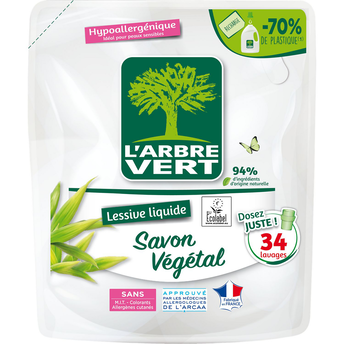 Image de Lessive liquide savon végétal hypoallergénique ARBRE VERT x34lav.1,53lrecharge 94% d'ingrédients d'origine