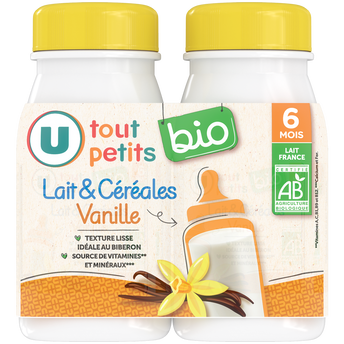 Image de U TOUT PETITS BIO
Lait et céréales vanille dès 6 mois, 2 bouteilles de