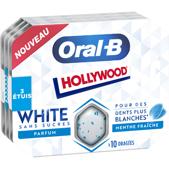 Image de Chewing gum Oral B menthe fraiche sans sucres ajoutés HOLLIWOOD, dragées 3 boîtes de 17g soit