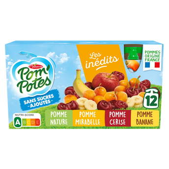Image de Compotes Gourdes Sans Sucres Ajoutés Pomme, Pomme Cerise, Pomme Mirabelle, Pomme Banane Les Inédits POM'POTES