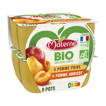 Materne Compote Sans Sucre Ajouté Pomme Abricot/pomme Poire Bio Materne, 8x100g