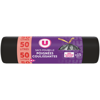 Sacs poubelle 100% recyclé liens coulissants 15x50 litres - Super U, Hyper  U, U Express 