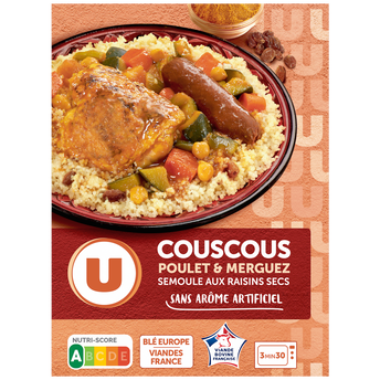 Image de U
Plat cuisiné individuel Couscous légumes poulet semoule de blé et merguez