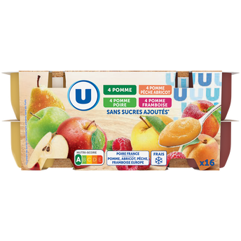 Image de U
Purée de fruits 4 parfums pommes/pommes-poires/pommes pêches abricot/pommes framboises sans sucre ajouté