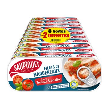 Saupiquet Filets De Maquereaux Sauce Tomate & Basilic Saupiquet - 8x169g + 2offerts
