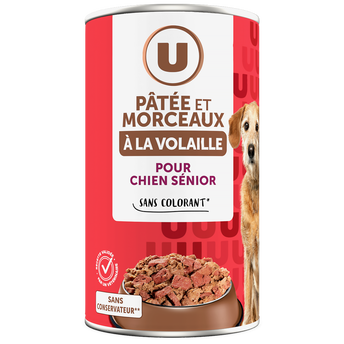 Image de U
Aliment pour chien senior Patée et morceaux à la volaille boite