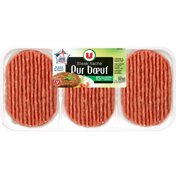 Image de U
Steak haché pur boeuf, 15% Matière Grasse, France, 3 pièces