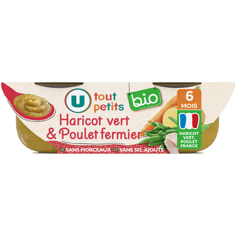 Image de U TOUT PETITS BIO
Plats bébé bols haricots verts poulet dès 6 mois, Origine France