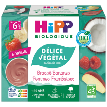 Image de Délice végétal au lait de coco brassé bananes pommes framboises dés 6mois bio HIPP BIOLOGIQUE coupelles
