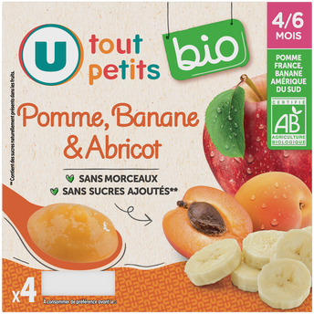 Image de U TOUT PETITS BIO
Petits pots bébé dessert à la pomme banane et abricot dès 4 à 6mois