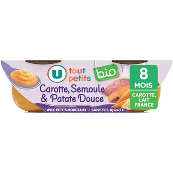 Image de U TOUT PETITS BIO
Plats bébé bols soir patate douce carotte et semoule avec morceaux dès8 mois