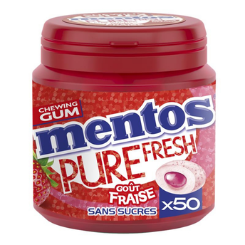 Image de Chewing-gum sans sucre pure fresh goût fraise MENTOS, boîte de 50 dragées soit