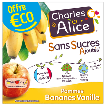 Charles & Alice Dessert Aux Fruits Pomme/banane/vanille Sans Sucres Ajoutés Charles &alice - 4 Pots De 97g