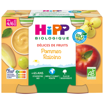 Image de Compote infantile bio Délices de Fruits pomme raisins HIPP, dès 4 mois