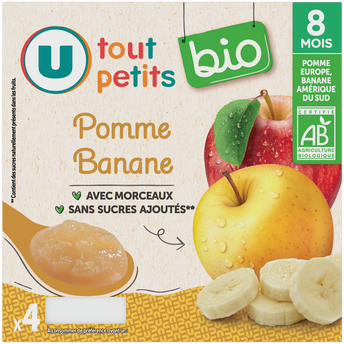 Image de U TOUT PETITS BIO
Petits pots bébé dessert pomme et banane avec morceaux dès 8 mois