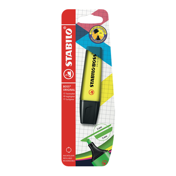 Image de Surligneur STABILO Boss original jaune-pointe biseautée large-encre universelle-peut rester ouvert 4h sans sécher-jusqu'à 350m de surlignage-résistance lumière-étui