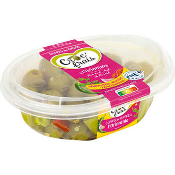 Image de Olives vertes dénoyautées au piment, persil et ail, CROC'FRAIS, sans conservateur, barquette