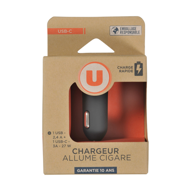 Chargeur allume cigare 1 usbc+1 usb noir - Super U, Hyper U, U