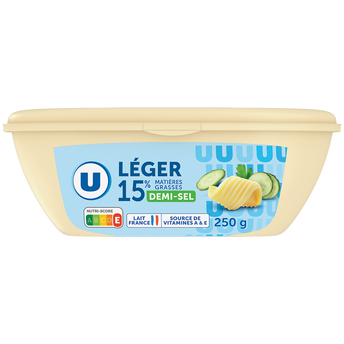 Image de U
Matière grasse laitière légère 1/2 sel 15%MG, barquette de